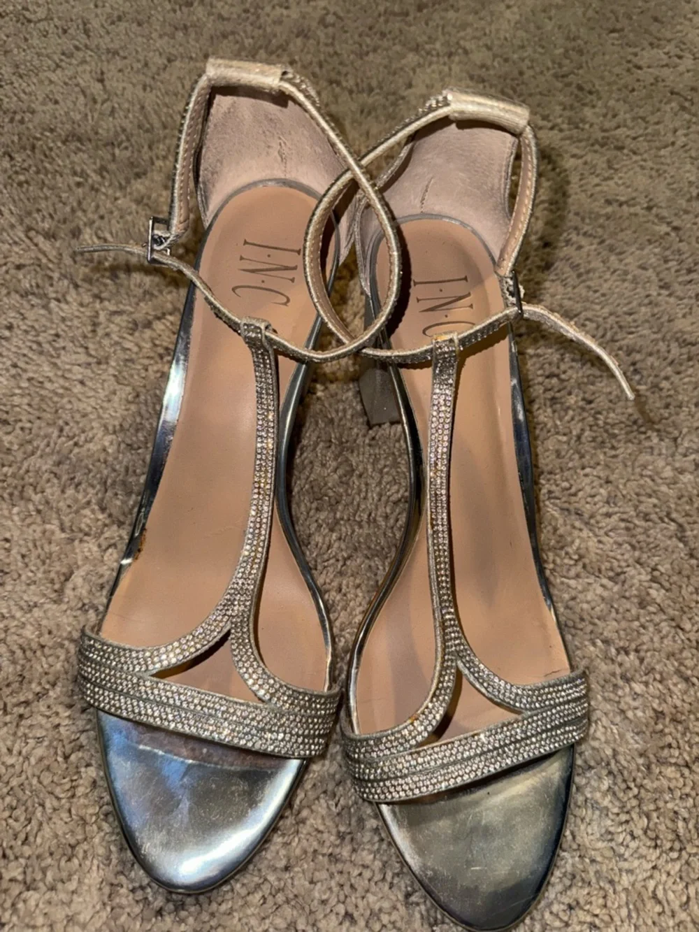 Metallic Silver T-Strap Rhinestone Heels - Picture 1 of 3